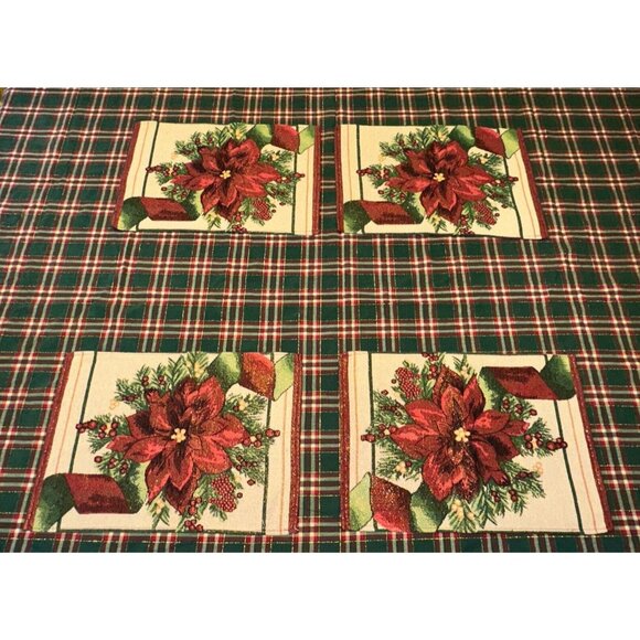 Christmas tapestry Linens 4 Placematt  1 Runner 1 tablecloth poinsettia plaid - Picture 3 of 16